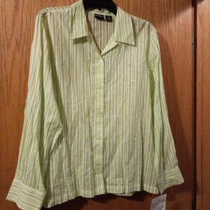 😊Womens Erika Long Sleeve Green And White Striped  Cotton Blouse Sz L Semisheer